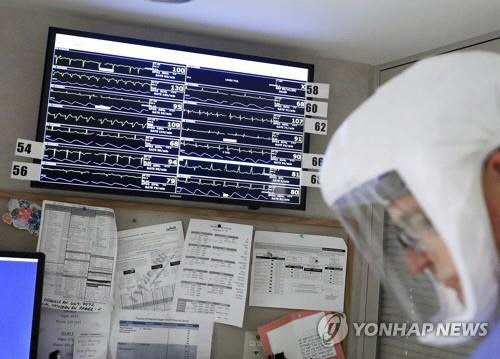 미 위스콘신주 매디슨의 UW 병원 코로나19 병동의 벽에 코로나19 환자들의 심장 박동수와 혈압 등을 모니터링하는 화면이 설치돼 있다. [AP=연합뉴스]